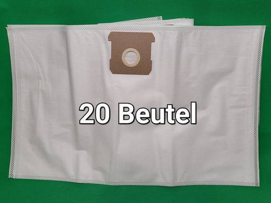 Ein weißer Vlies Staubsaugerbeutel mit einem braunen Kragen liegt auf Grün. Der fettgedruckte Text "20 Beutel" zeigt, dass diese Unbekannt-Packung zu den Modellen Einhell TC-VC 1812S, TC-VC 1815S und TE-VC 18/10 Li Solo Power X Change passt; das Layout is