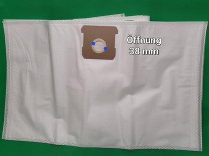 Ein weißer Vlies Staubsaugerbeutel mit abgesteppten Kanten und einem braunen Pappkragen mit der Aufschrift "Öffnung 38 mm" liegt auf Grün. Passend für Einhell TC-VC 1812S, TC-VC 1815S, TE-VC 18/10 Li Solo Power X Change (Unbekannt/Sonstige, 10 Beutel).