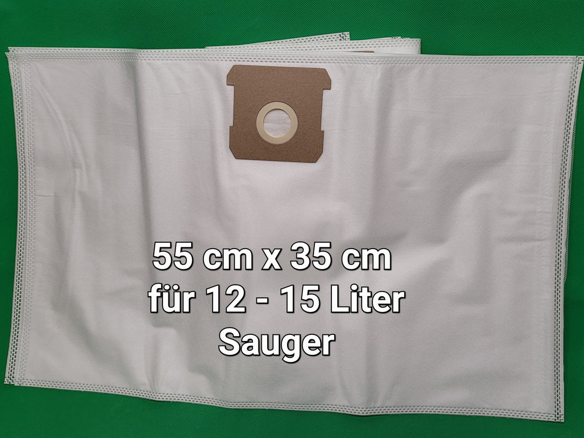 Ein rechteckiger weißer Vlies-Staubsaugerbeutel mit Kartonanschluss liegt auf grünem Hintergrund. Text: "55 x 35 cm, für 12-15 Liter, passend für viele Einhell Sauger." 10 Beutel kompatibel mit Einhell TC-VC 1812S/1815S/TE-VC 18/10 Li.
