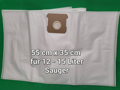 Ein rechteckiger weißer Vlies-Staubsaugerbeutel mit Kartonanschluss liegt auf grünem Hintergrund. Text: "55 x 35 cm, für 12-15 Liter, passend für viele Einhell Sauger." 10 Beutel kompatibel mit Einhell TC-VC 1812S/1815S/TE-VC 18/10 Li.