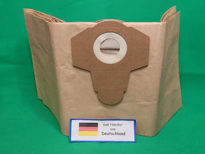 Ein brauner Papier Staubsaugerbeutel von immer-saugut, passend für 20 Liter Einhell Sauger, steht vor grünem Hintergrund. Davor ein Schild mit deutscher Flagge und "vom Händler aus Deutschland" Text. Packung: 20 Beutel.