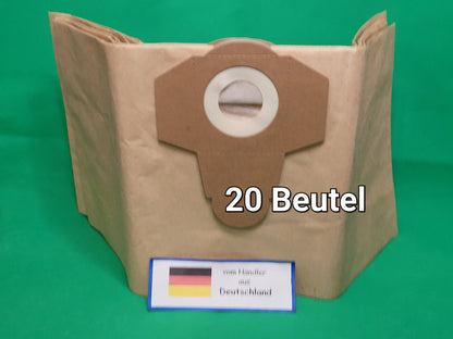 Ein brauner Staubsaugerbeutel von immer-saugut mit weißem Kunststoffring ist auf grünem Grund abgebildet, beschriftet mit "20 Beutel". Er ist passend für Einhell 20-Liter-Behälter und zeigt eine deutsche Flagge sowie den Schriftzug "vom Händler aus Deutschland".