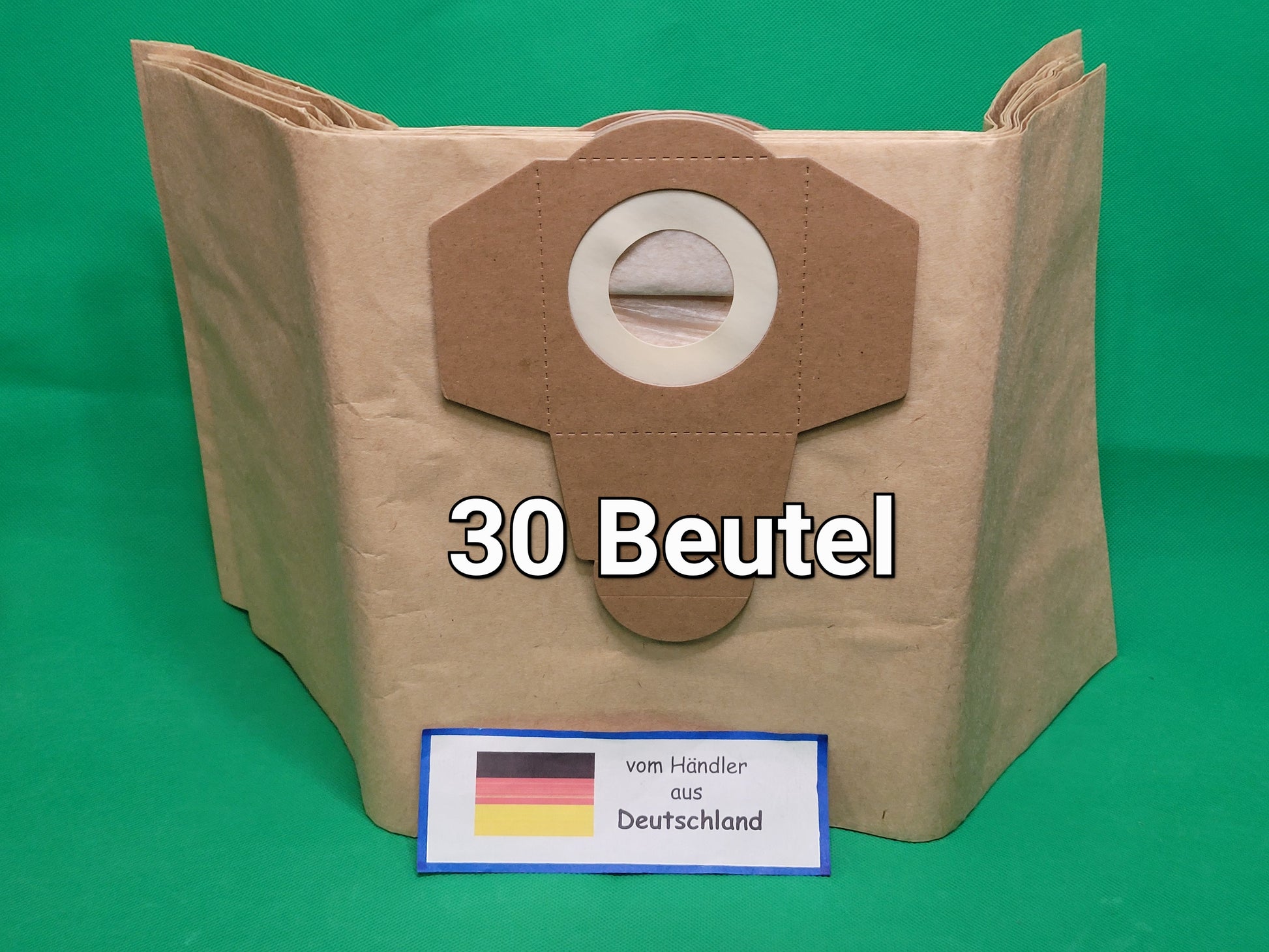 Vor grünem Hintergrund steht ein Stapel "30 Beutel kompatibel mit Einhell für 20 Liter Volumen Behälter" (Marke: Unbekannt/Sonstige); vorne sind die Aufschrift "30 Beutel" und eine Karte mit deutscher Flagge sowie "vom Händler aus Deutschland" sichtbar.