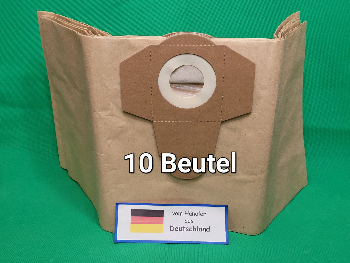 Ein Satz von 10 Beuteln kompatibel mit Einhell für 20 Liter Volumen Behälter (Unbekannt/Sonstige) steht aufrecht auf einem grünen Hintergrund. Oben ist "10 Beutel" abgebildet, darunter ein Etikett mit der deutschen Flagge und "vom Händler aus Deutschland".