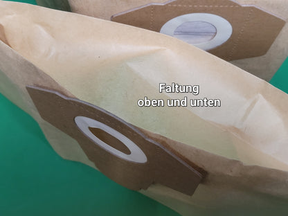 Nahaufnahme von zwei immer-saugut 20 Beutel kompatibel mit Einhell für 20 Liter Volumen Behälter, mit ovalen Kunststofföffnungen und verstärkten Nähten auf grünem Hintergrund. Über den Beuteln steht in deutscher Sprache "Faltung oben und unten".