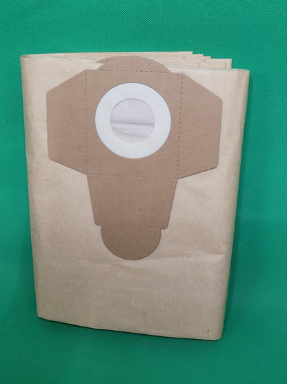 Ein Staubsaugerbeutel aus braunem Papier von Unbekannt/Sonstige, kompatibel mit Einhell für 20 Liter Volumen Behälter (30 Beutel), steht aufrecht mit einem kreisförmigen Pappkragen und einem zentralen Loch vor einem hellgrünen, strukturierten Hintergrund.