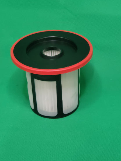Ein unbenutzter ALMEc Supplies Filter kompatibel mit Bosch Serie 6, BCS6, BSS6, BKS6, BBS6, BLS6, 12033215 hat einen schwarzen Kunststoffdeckel, einen roten Rand und weiße Falten und sitzt aufrecht auf einer grün strukturierten Oberfläche.