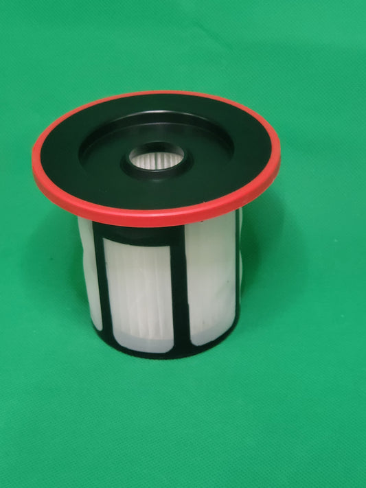 Ein unbenutzter ALMEc Supplies Filter kompatibel mit Bosch Serie 6, BCS6, BSS6, BKS6, BBS6, BLS6, 12033215 hat einen schwarzen Kunststoffdeckel, einen roten Rand und weiße Falten und sitzt aufrecht auf einer grün strukturierten Oberfläche.