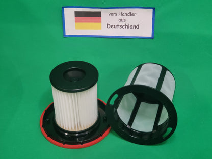Zwei zylindrische ALMEc Supplies Filter (schwarzer und roter Sockel) kompatibel mit Bosch Serie 6, BCS6, BSS6, BKS6, BBS6, BLS6, 12033215 sind auf einer grünen Oberfläche mit einer deutschen Flagge Zeichen "vom Händler aus Deutschland".