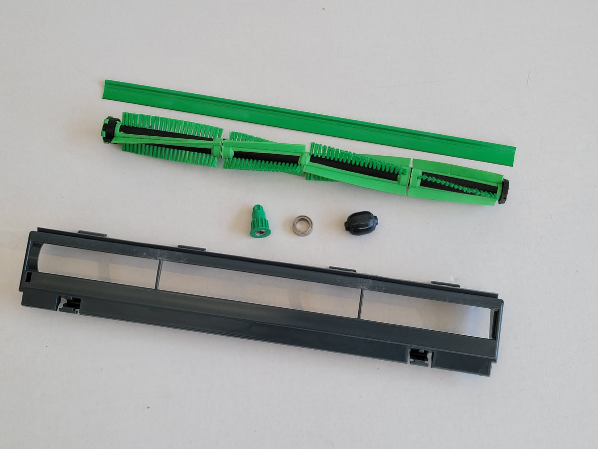 Ein Satz RMO Bürste Abdeckung Ritzel Lager Dichtlippe Rad, kompatibel mit Vorwerk EB 400, auf einer weißen Oberfläche: eine grüne Bürstenwalze, ein Kammwerkzeug, eine schwarze Abdeckung mit durchsichtigen Platten, eine grüne Schraubkappe, eine Metallunter