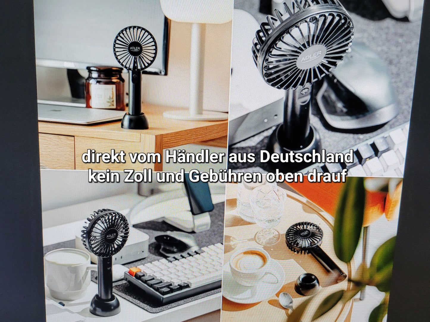 Eine Collage aus vier Bildern zeigt den immer-saugut Mini-Handventilator AD 7338 (schwarz) auf Schreibtischen neben einem Computer, einer Tastatur, einer Lampe und einer Kaffeetasse. Der zentrierte deutsche Text lautet: „Direkt vom Händler aus Deutschland – keine Zollgebühren und keine zusätzlichen Kosten.“.