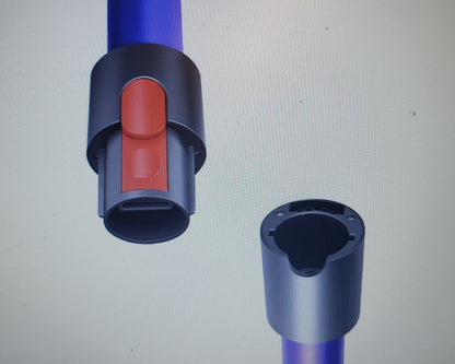 Das Bild zeigt die beiden Enden des immer-saugut Saugrohrs Dyson V7, V8, V10 und V11 blau kompatibel: das linke Ende hat einen schwarzen und roten Knopfauslöser, während das rechte einen schwarzen Anschluss für die Dyson V7-V11 Modelle hat.