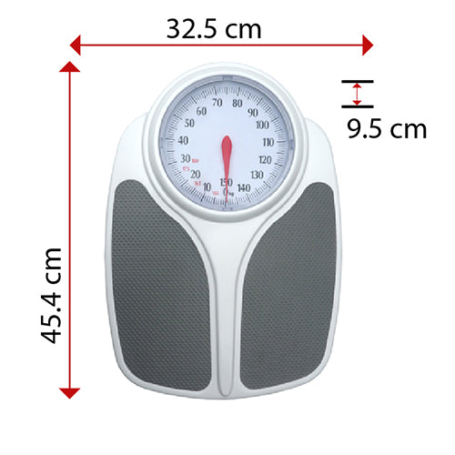 Die immer-saugut Personenwaage analog XXL AD 8177 ist eine mechanische Personenwaage mit einem großen weißen Zifferblatt, einer roten Zeigeranzeige und grauen, strukturierten Standfüßen. Sie ist 32,5 cm breit, 45,4 cm lang und 9,5 cm hoch und ermöglicht präzise manuelle Gewichtsablesungen.