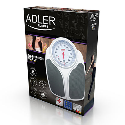 Auf der Verpackung ist eine „immer-saugut“-Personenwaage, Modell AD 8177, mit großem, rundem, weißem Zifferblatt abgebildet. Die Verpackung ist mit Fitness-Symbolen und Abbildungen von sporttreibenden Menschen vor dunklem Hintergrund sowie weißem und violettem Text gestaltet.