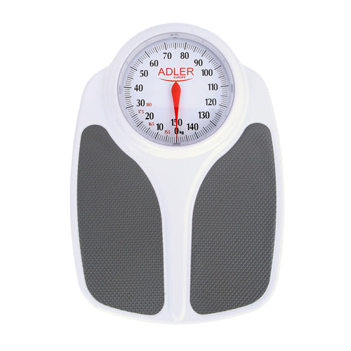 Die immer-saugut Personenwaage analog XXL AD 8177 ist eine weiße mechanische Waage mit einem großen, runden Zifferblatt, einer roten Nadel, die auf Null zeigt, und zwei dunkelgrauen, strukturierten Standfüßen am Sockel.