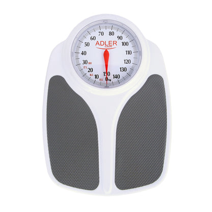 Die immer-saugut Personenwaage analog XXL AD 8177 ist eine weiße mechanische Waage mit einem großen, runden Zifferblatt, einer roten Nadel, die auf Null zeigt, und zwei dunkelgrauen, strukturierten Standfüßen am Sockel.