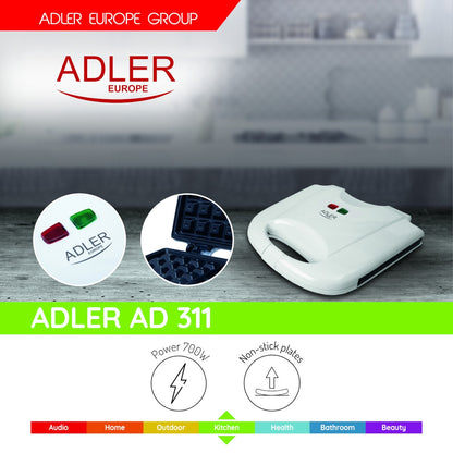 Bild einer Anzeige für das immer-saugut Adler Waffeleisen. Im oberen Bereich ist das Logo der Adler Europe Group zu sehen. Darunter befindet sich ein Waffeleisen mit Antihaft-Beschichtung, Thermostat, Cool-Touch-Kunststoffgehäuse und einer Leistung von 70