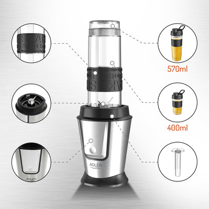 Der Standmixer „Smoothie-Maker Eiscrusher Edelstahl #1“ AD 4081 der Adler Europe GmbH ist in Silber und Schwarz gehalten und verfügt über einen durchsichtigen Mixbecher, einem Ein-/Aus-Schalter, einem schwarzen Messer mit Eiszerkleinerungsfunktion, zwei BPA-freien Sportflaschen (570 ml und 400 ml) sowie einem Sieb-Aufsatz.