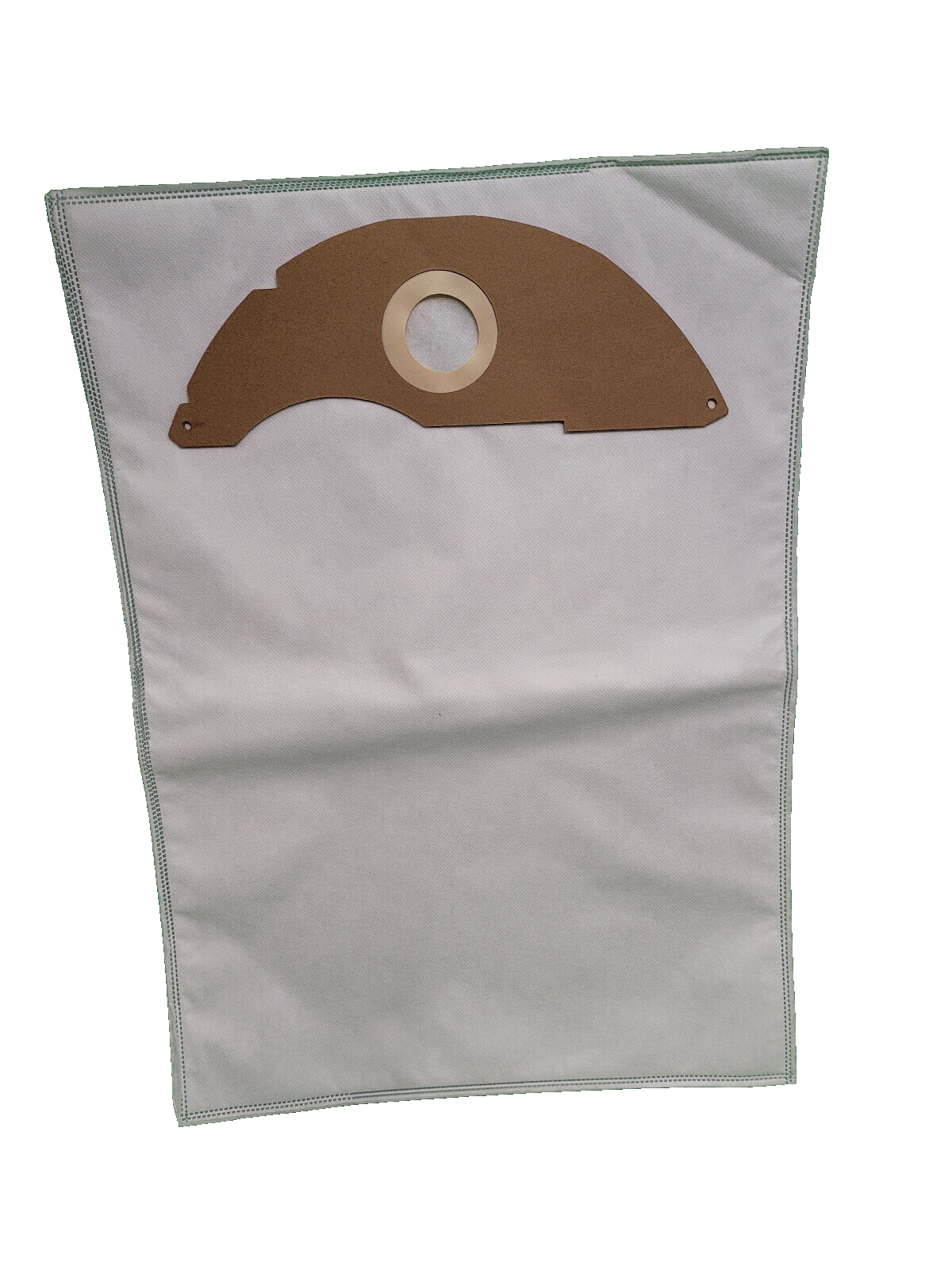 Ein rechteckiger weißer Vliesbeutel von immer-saugut mit genähten Kanten und einem braunen Kartonkragen mit runder Öffnung, kompatibel mit Kärcher ProNT 600 L Klasse Professional (2.889-217.0), flach auf weißem Grund. Enthält 100 Beutel.