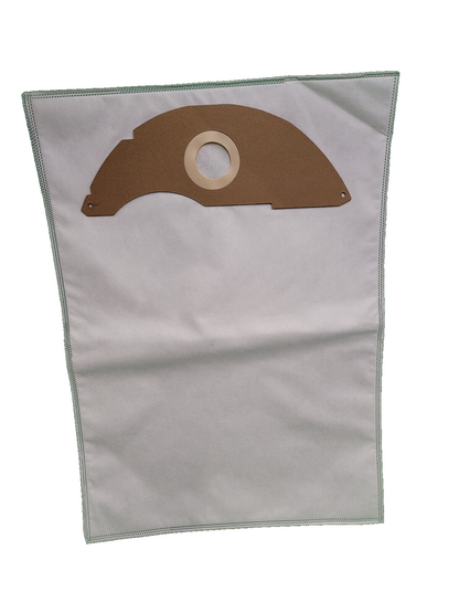 Ein rechteckiger weißer Vliesbeutel von immer-saugut mit genähten Kanten und einem braunen Kartonkragen mit runder Öffnung, kompatibel mit Kärcher ProNT 600 L Klasse Professional (2.889-217.0), flach auf weißem Grund. Enthält 100 Beutel.