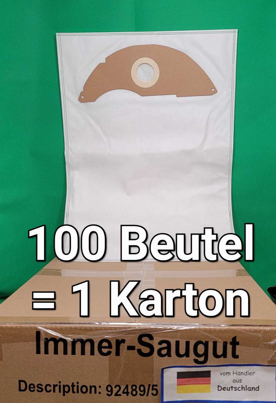 Ein großer Karton mit dem "immer-saugut" Logo enthält 100 Staubsaugerbeutel, kompatibel mit Baier Entstauber BSS 306L. Aufdruck: "100 Beutel = 1 Karton" und deutsche Flagge mit "vom Händler aus Deutschland".