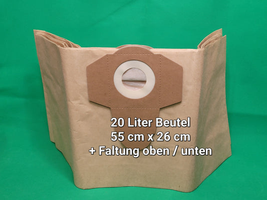 Ein brauner immer-saugut Staubsaugerbeutel, kompatibel mit Einhell 20L Behälter, liegt vor grünem Hintergrund. Weißer Text: "20 Liter Beutel, 55 cm x 26 cm + Faltung oben/unten." Mehrere Beutel sind ordentlich gestapelt.