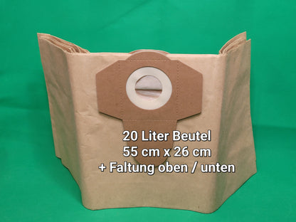 Ein Staubsaugerbeutel aus braunem Papier von Unbekannt/Sonstige, kompatibel mit Einhell für 20 Liter Behälter, mit einer runden Kunststofföffnung, wird ungefaltet auf Grün gezeigt. Deutscher Text: "30 Beutel, 55 cm x 26 cm + Faltung oben/unten.