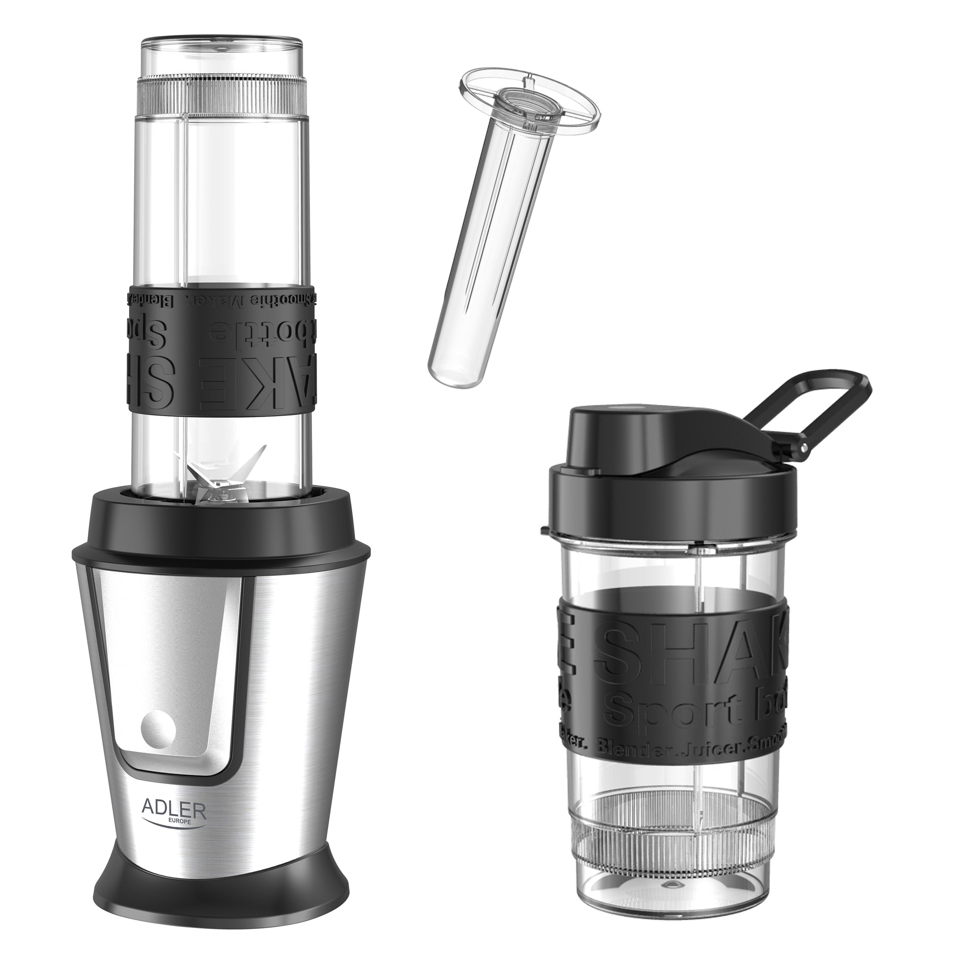Der Standmixer AD 4081 der Adler Europe GmbH verfügt über ein Edelstahlgehäuse, einen transparenten Mixbecher, einen separaten hohen Behälter, zwei Sportflaschen mit schwarzen Deckeln/Griffen sowie eine Eiscrusher-Funktion für vielseitige Mixergebnisse.
