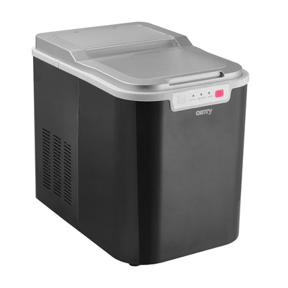 Eine kompakte, schwarz-silberne Camry – Eiswürfelmaschine – Tragbarer Eiswürfelbereiter, Eisproduktionskapazität 12 kg/24 h, Wasserbehälter 2,2 l mit oberem Deckel, vorderem Bedienfeld mit Tasten und LED-Anzeige sowie seitlicher Belüftung. Auf der Vorders