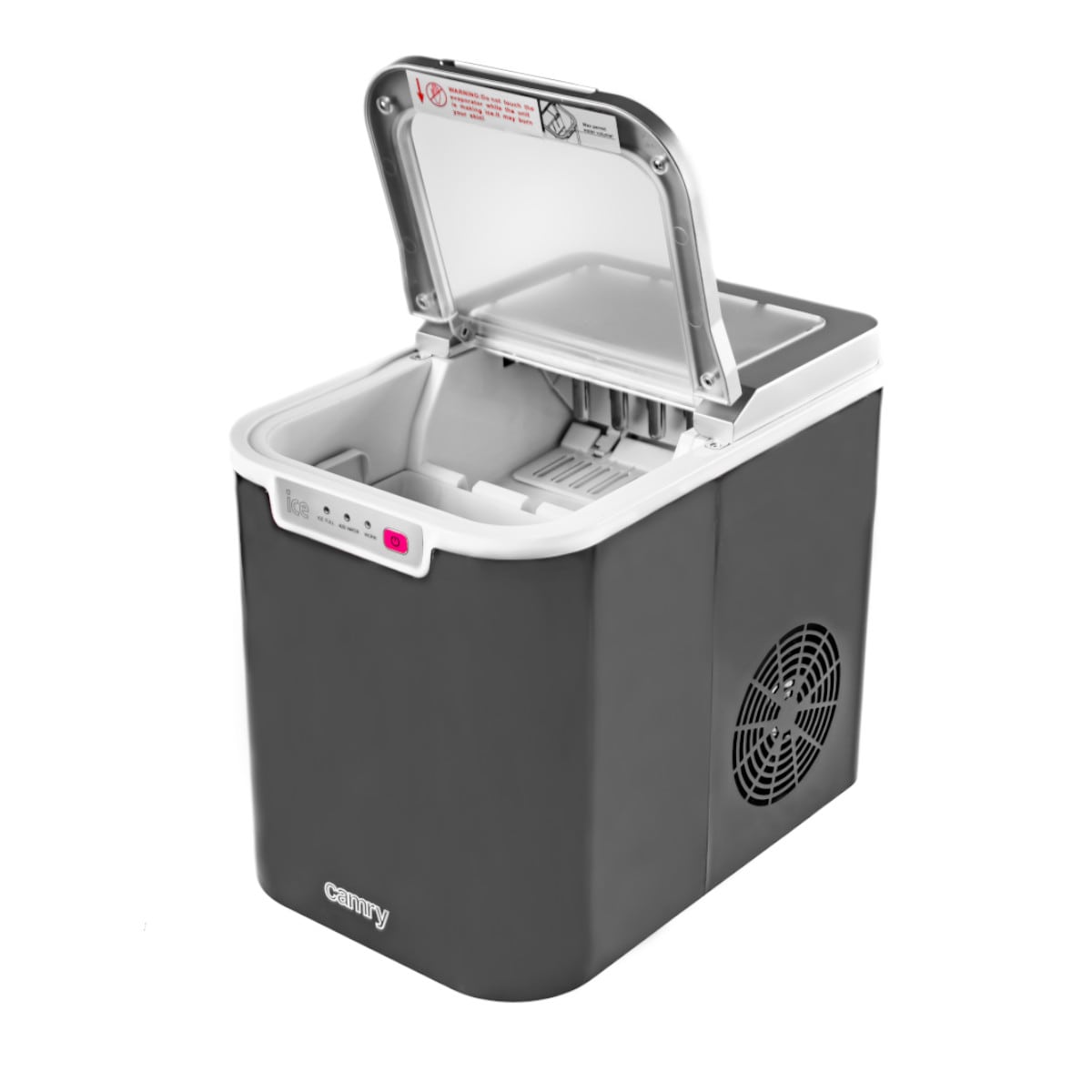 Eine schwarz-graue Camry - Eiswürfelmaschine - Tragbarer Eiswürfelbereiter, Eisproduktionskapazität 12 kg / 24 h, Wasserbehälter 2,2 l mit teilweise geöffnetem Deckel, der ein leeres Fach im Inneren freigibt. Der transparente Deckel, silbern umrahmt mit e