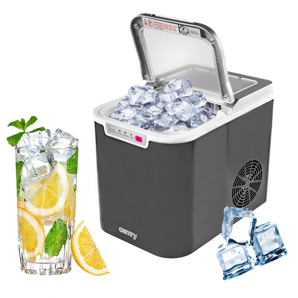 Ein schwarz-silbernes *immer-saugut* **Camry - Eiswürfelmaschine - Tragbarer Eiswürfelbereiter, Eisproduktionskapazität 12 kg / 24 h, Wasserbehälter 2,2 l** mit geöffnetem Deckel gibt eine Fülle von Eiswürfeln preis. Dieses Gerät mit einem 2-Liter-Wassert