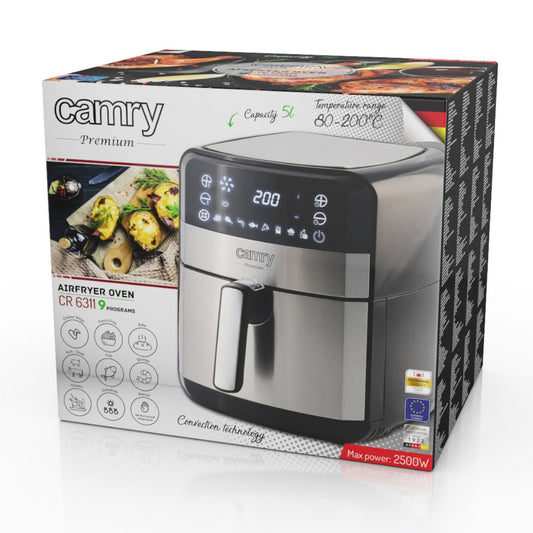 Eine immer-saugut Camry - Heißluftfritteuse - fettfreie Fritteuse, in Metallic-Optik, wird in ihrer Verpackung präsentiert. Die Verpackung zeigt die Modellnummer CR 6311 und hebt ihre Funktionen hervor, darunter ein Fassungsvermögen von 5 l, einen Tempera