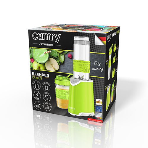 Auf einer überwiegend schwarzen Verpackung mit grünen Akzenten sind der Smoothie-Mixer „Camry CR 4069“ der Adler Europe GmbH in Grün, eine zusätzliche Flasche, Obst, die wichtigsten Funktionen mit Symbolen, technische Daten sowie eine europäische Flagge abgebildet.