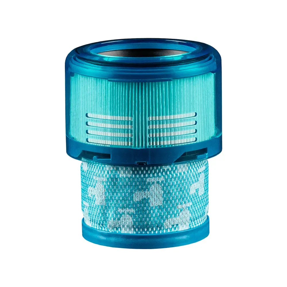 Ein zylindrischer blauer und blaugrüner ALMEc Supplies-Filter, der mit Dyson Gen5 Detect/Absolute und Gen5 Outsize/Absolute kompatibel ist, besteht aus plissiertem Material an der Oberseite und einem gemusterten Maschenabschnitt an der Unterseite, isolier