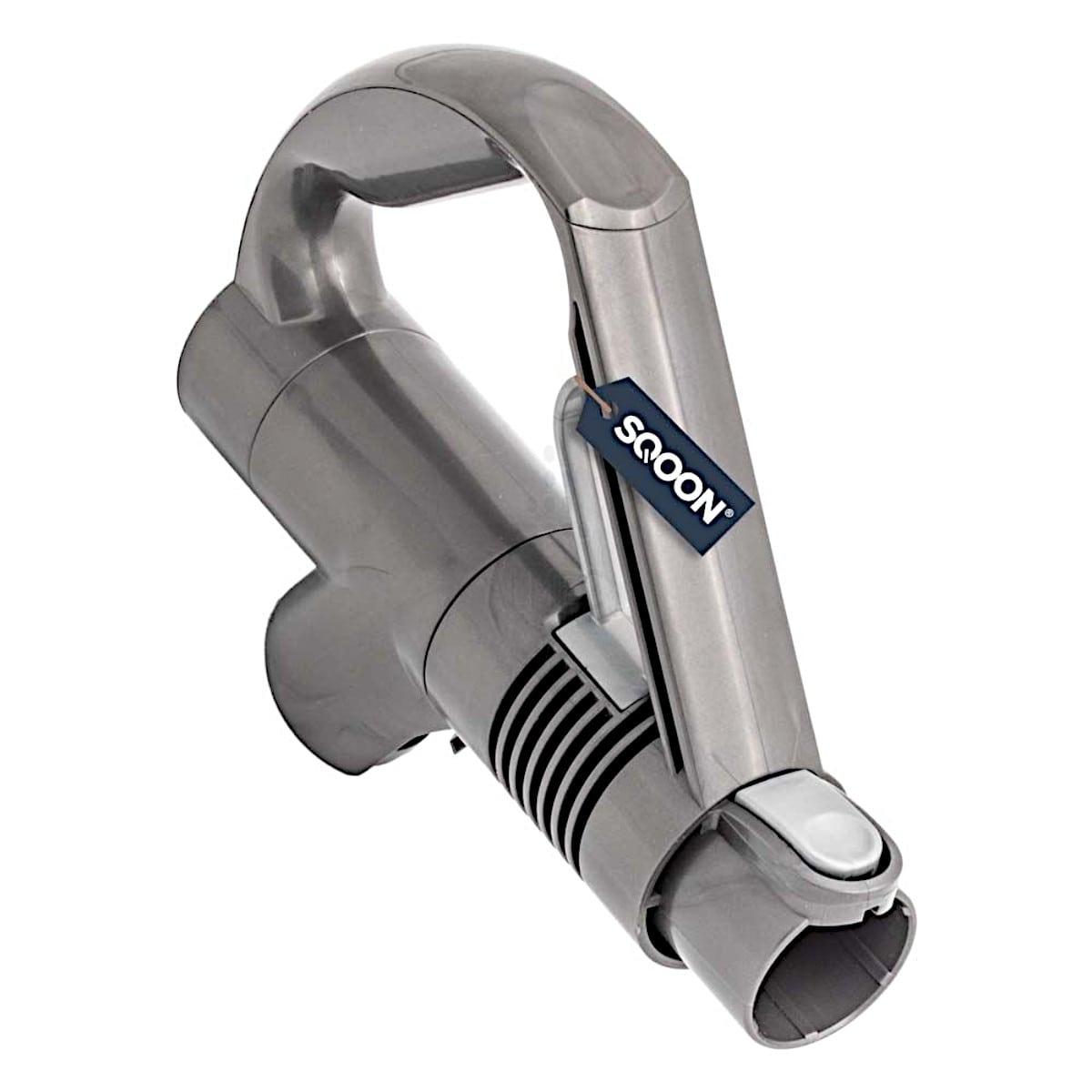 Das Bild zeigt einen grauen Handstaubsaugeraufsatz mit dem Markennamen „immer-saugut“ auf einer Seite. Der Aufsatz ähnelt im Design dem Pistolengriff – Dyson DC-Serie – Staubsauger, Handgriff, Ersatzteil und verfügt über einen gebogenen Griff an der Obers