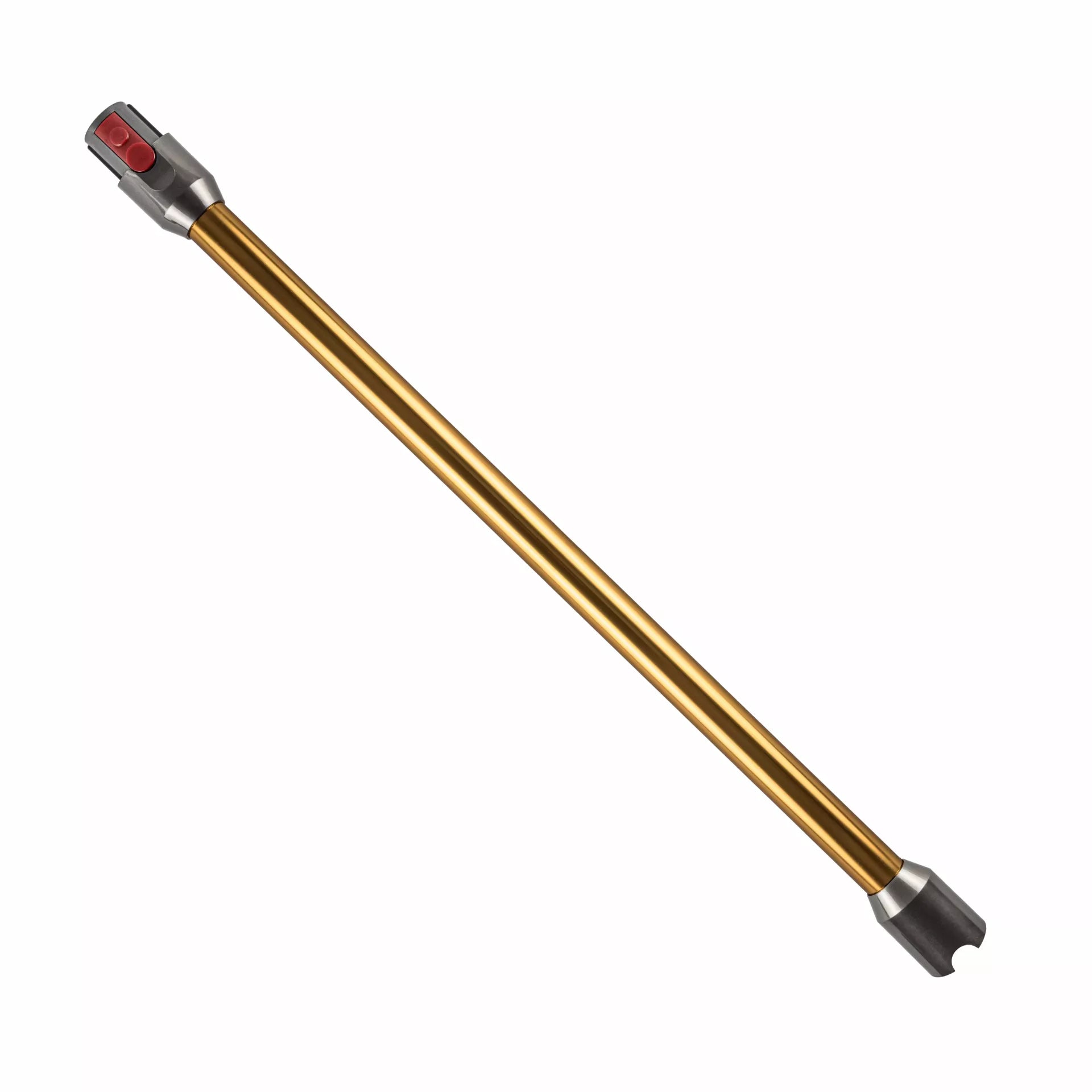 Das immer-saugut Saugrohr Dyson V12 Kupfer kompatibel ist ein goldfarbenes, zylindrisches Rohr mit silbernen Enden - eines davon mit einem roten Knopf. Sein gekerbtes Ende passt als Dyson V12-Ersatzteil und ist diagonal auf einem weißen Hintergrund abgebi