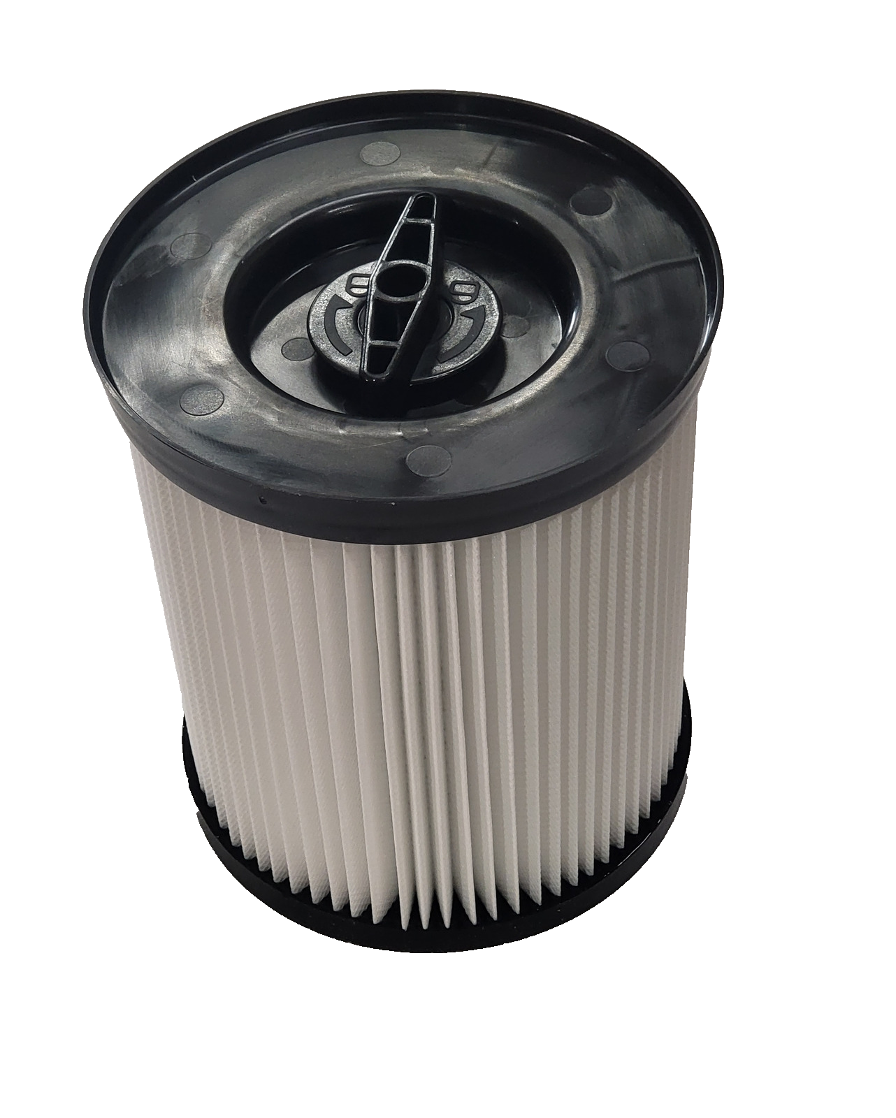 Ein weißer, plissierter, zylindrischer Patronenfilter von immer-saugut für Parkside PWD Serie, abgebildet mit schwarzen Endkappen und einem zentralen, griffigen Staubsaugerzubehör. Kompatibel mit 1 Filter Parkside PWD Serie. Einfacher weißer Hintergrund.