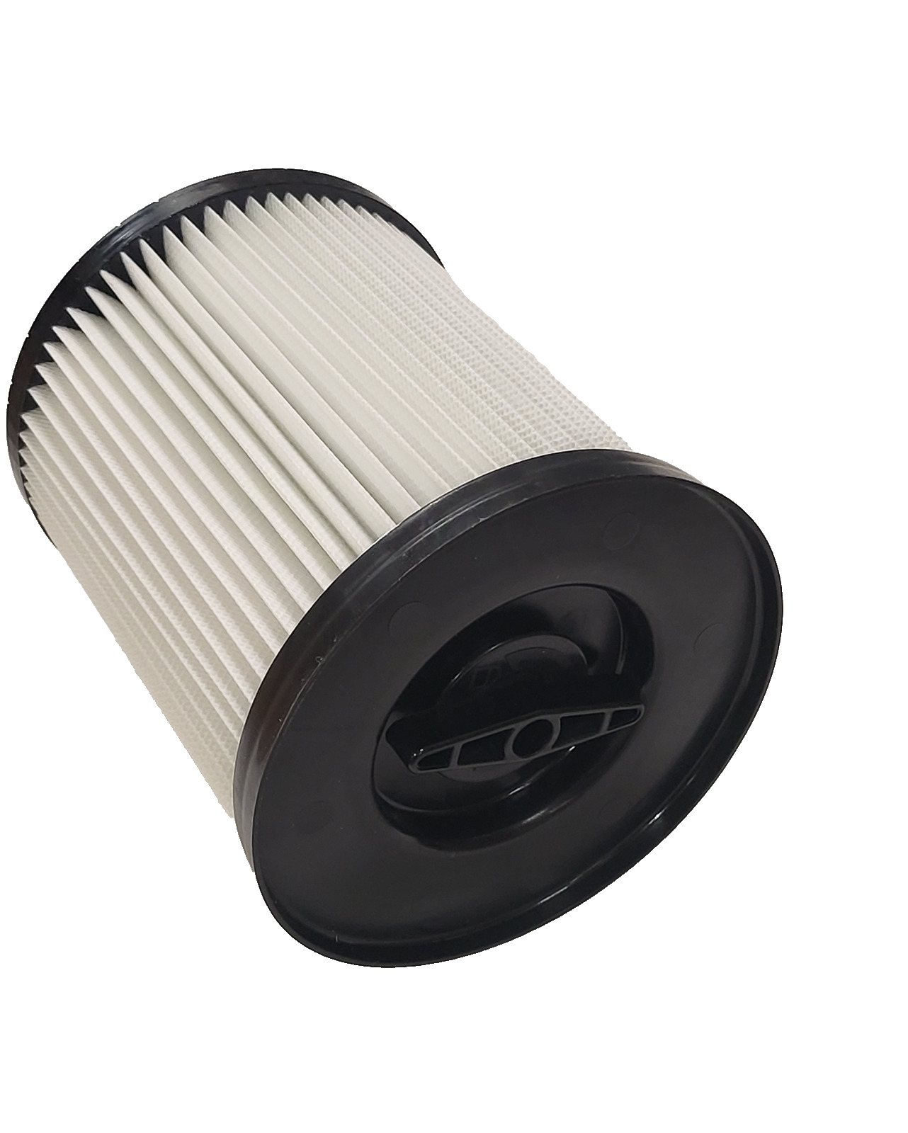 Ein zylindrischer 1 Filter Parkside PWD Serie kompatibel von immer-saugut, mit gefalteten weißen Papierseiten, schwarzen Plastikendkappen und einer zentralen kreisförmigen Öffnung mit kreuzförmigem Träger. Bild isoliert auf weißem Hintergrund.