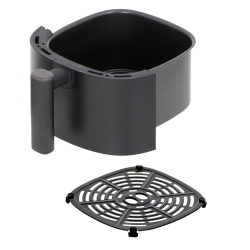 Ein schwarzer, rechteckiger Heißluftfrittierkorb mit Griff aus der „Friteuse Heißluft 3 Liter 2200 Watt Temperatur 80–200 °C AD 6310“ der Adler Europe GmbH ist über einem separaten schwarzen Einschub mit Schlitzen abgebildet; beide sind vor einem weißen Hintergrund zu sehen. Die Schale mit einem kreisförmigen Schlitzmuster, die genau in den Korb passt, macht dieses Gerät ideal für fettfreies Frittieren.