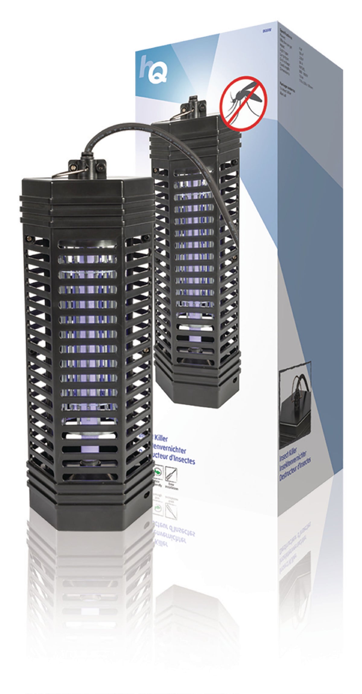 Ein schwarzer elektrischer Insektenvernichter der Nedis GmbH, eine Fliegenfalle für 50 m² mit sichtbarem UV-Licht im Inneren, ist vor seiner Verpackung abgebildet. Auf der Verpackung sind das Gerät selbst, ein „Keine Mücken“-Symbol sowie Produktinformationen in mehreren Sprachen abgebildet. Diese UV-Insektenfalle ermöglicht eine umweltfreundliche Schädlingsbekämpfung. Der Hintergrund ist weiß mit blauen geometrischen Akzenten.