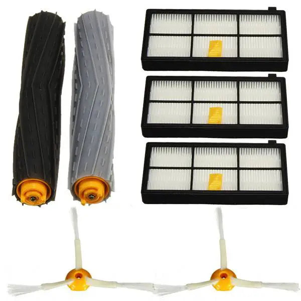 Das immer-saugut Bürsten Filter Set kompatibel mit iRobot Roomba Serie 800/900 enthält 2 Gummibürsten, 3 HEPA-Filter & 3 Seitenbürsten - das ideale Ersatzteilset für Ihren Saugroboter, abgebildet auf weißem Hintergrund.