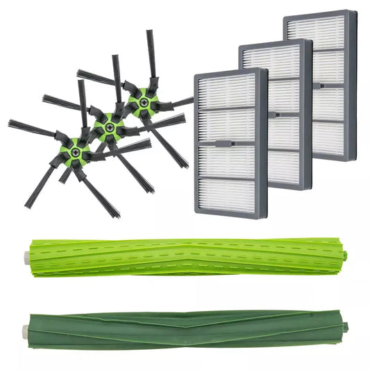 Das immer-saugut Ersatzteilset, kompatibel mit iRobot Roomba S9/S9+, enthält 3 Filter im grauen Rahmen, 4 fünfarmige Seitenbürsten (schwarz-grün) und 2 grüne Gummiwalzen - alle Verschleißteile ordentlich sortiert.