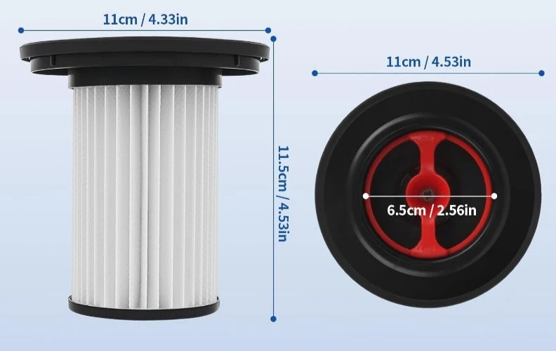 Der immer-saugut Filter Bosch BBS1/BBS8/BCS1/BCS8/BSS8/BKS8 Unlimited Gen2 Serie 8 (12023349, 12036642) hat gefaltete weiße Seiten, schwarze Kappen, einen roten Innenring; Größe: H 11,5cm, Ø 11cm, Innen Ø 6,5cm.