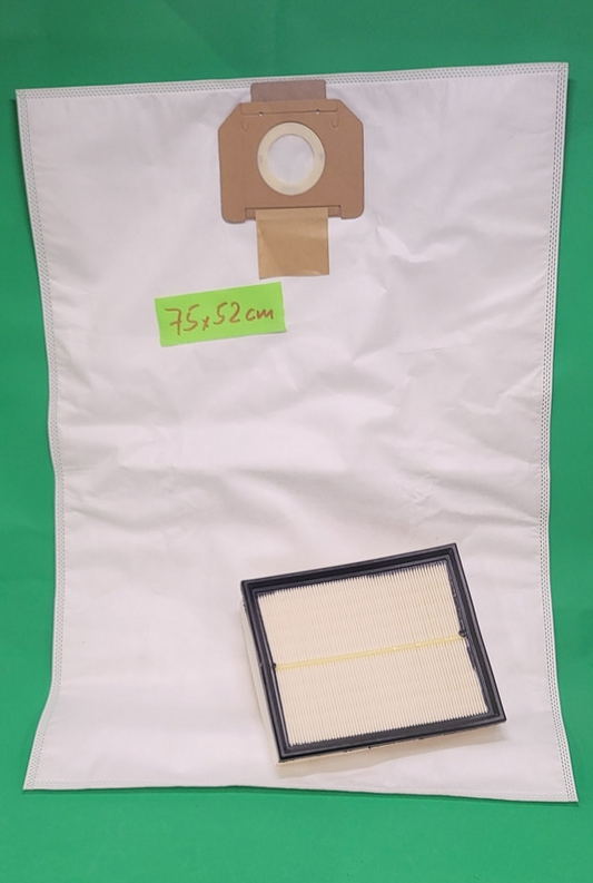 Ein großer weißer Filterbeutel (75 x 52 cm) mit grünem Etikett ist für den PARKSIDE PERFORMANCE Werkstatt-Sauger konzipiert. Er enthält einen plissierten Papierluftfilter und eine Staubbeutelmanschette. Produkt: 5 Staubbeutel 1 Filter mit PPWD 30 A1, PPWD