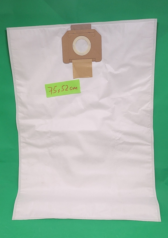 Auf grünem Grund ist ein großer, weißer Immer-Saugut-Vakuumbeutel mit Kartonkragen und kreisrunder Öffnung abgebildet. Die Aufschrift „75 x 52 cm“ weist auf die Größe von 5 - 50 Beuteln mit PPWD 30 A1, PPWD 30 B2 PARKSIDE PERFORMANCE WerkstattSauger hin.