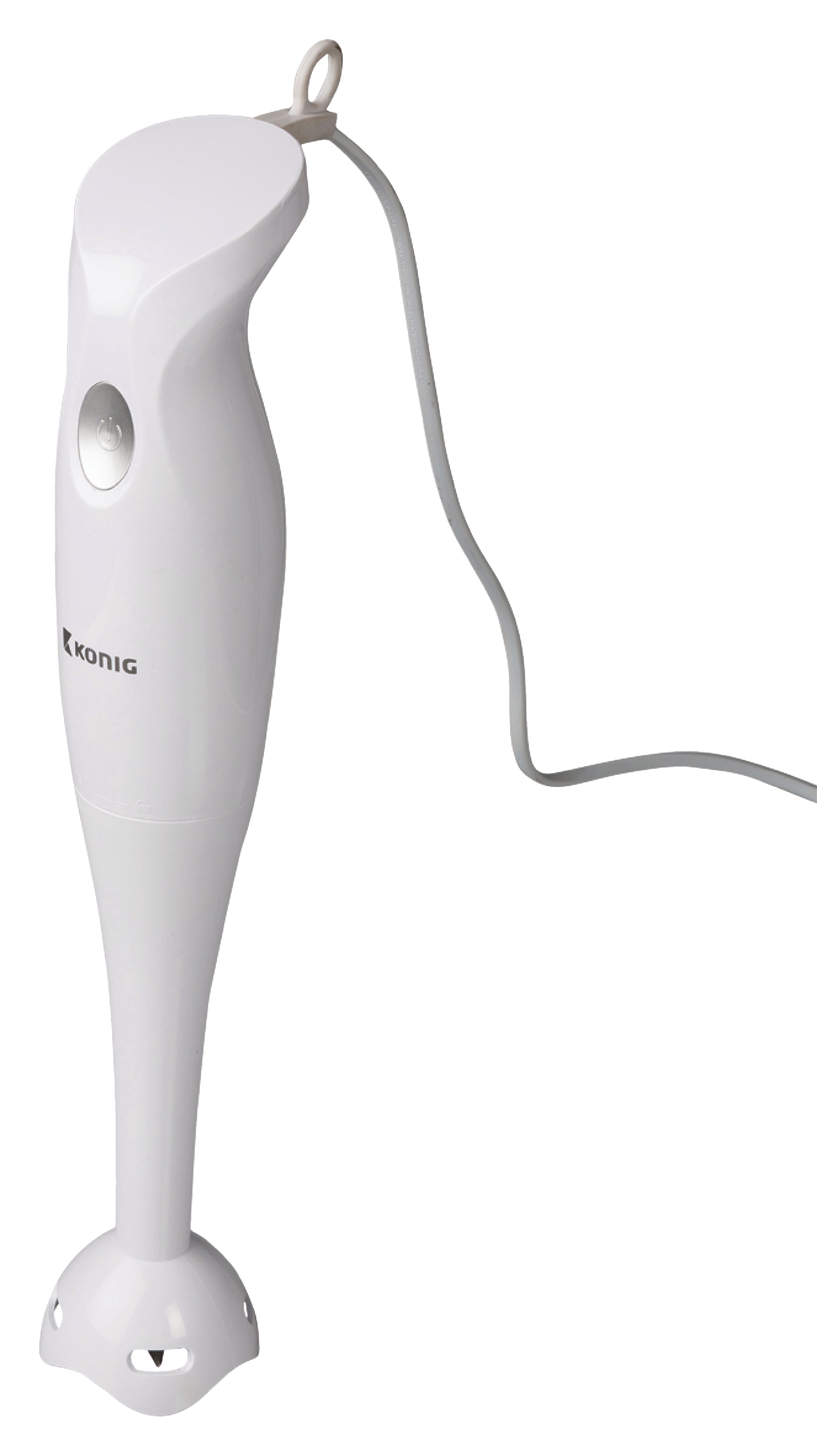 Ein weiß-grauer elektrischer Stabmixer, Pürierstab, Handmixer mit 200 W von Nedis GmbH wird mit angeschlossenem Kabel vor einem schlichten weißen Hintergrund gezeigt. Dieser Mixer zeichnet sich durch ein schlankes, ergonomisches Design mit einem Einschaltknopf am Gehäuse und einer Schutzabdeckung für die Klinge am Ende aus und ist mit einer langlebigen Edelstahlklinge für effizientes Mixen ausgestattet.
