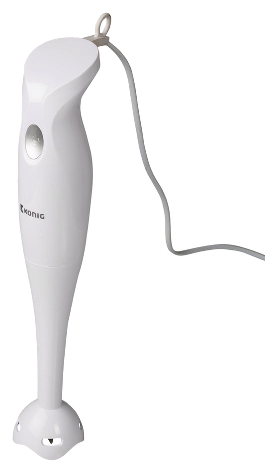 Ein weiß-grauer elektrischer Stabmixer, Pürierstab, Handmixer mit 200 W von Nedis GmbH wird mit angeschlossenem Kabel vor einem schlichten weißen Hintergrund gezeigt. Dieser Mixer zeichnet sich durch ein schlankes, ergonomisches Design mit einem Einschaltknopf am Gehäuse und einer Schutzabdeckung für die Klinge am Ende aus und ist mit einer langlebigen Edelstahlklinge für effizientes Mixen ausgestattet.