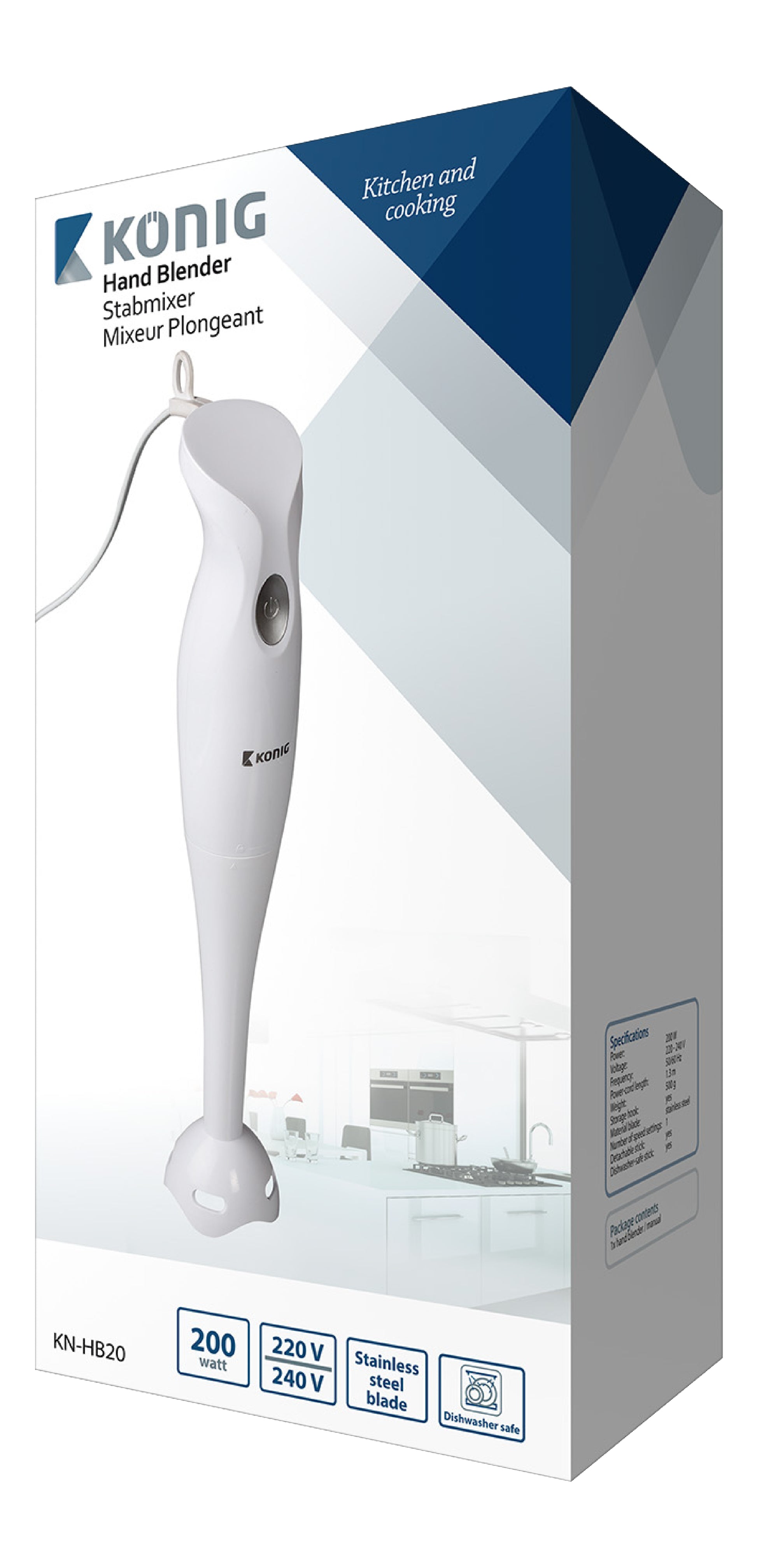 Verpackung für einen Stabmixer, Pürierstab oder Handmixer der Nedis GmbH mit 200 W in Weiß und Grau. Die überwiegend weiße Verpackung mit grauen Akzenten zeigt ein Bild des Handmixers mit einer Edelstahlklinge vor einem Küchenhintergrund. Auf der Verpackung sind Symbole für die Funktionen und technische Daten abgebildet, darunter die Nennleistung (200 W), die Spannung, die Angabe „spülmaschinenfest“ sowie Details zur Edelstahlklinge.