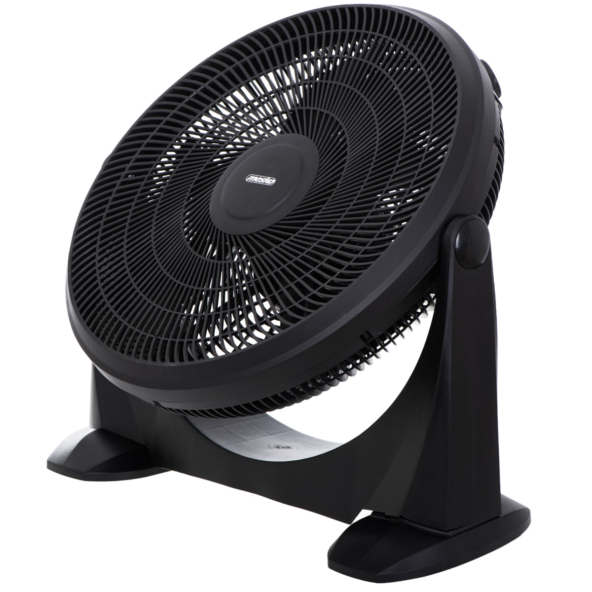 Ein schwarzer, oszillierender Tischventilator mit einem kreisförmigen Netzdesign, das die Flügel bedeckt. Er verfügt über einen stabilen Standfuß und einen einstellbaren Neigungskopf, gepaart mit einem robusten Motor für optimale Kühlung. Der Bedienknopf 