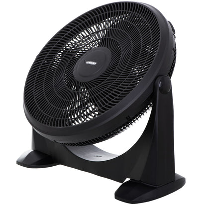 Ein schwarzer, oszillierender Tischventilator mit einem kreisförmigen Netzdesign, das die Flügel bedeckt. Er verfügt über einen stabilen Standfuß und einen einstellbaren Neigungskopf, gepaart mit einem robusten Motor für optimale Kühlung. Der Bedienknopf 